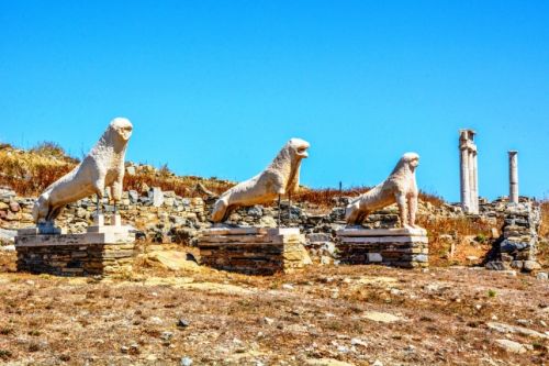 La terrasse des lions sur l'île de Delos, l'un des plus importants sites archéologiques de Grèce
